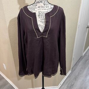 Old Navy Dark Brown Linen Top with Cream Stitching